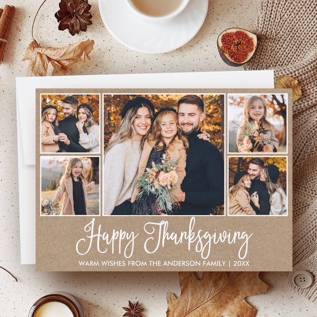 Cartes Pour Fêtes Annuelles Calligraphie Bon thanksgiving Kraft 5 Photos (Customize to add more text or photos to back of card.)