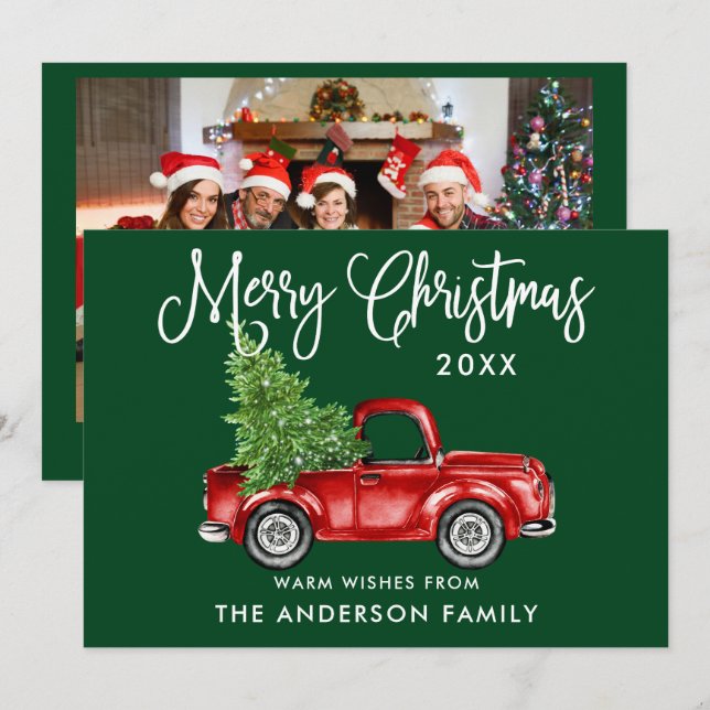 Cartes Pour Fêtes Annuelles Calligraphie Camion Rouge Photo de Noël Retour Ver (Devant / Derrière)