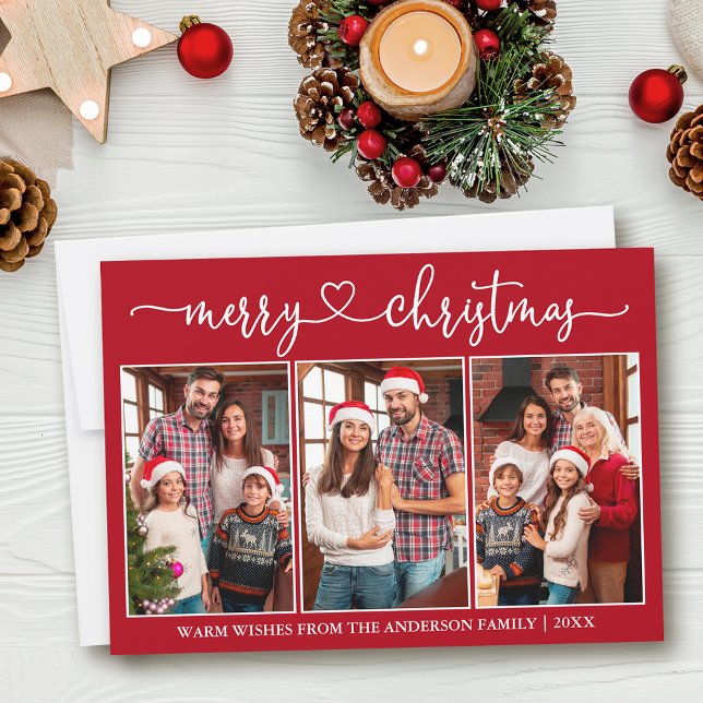 Cartes Pour Fêtes Annuelles Calligraphie Coeur 3 Photo Rouge Joyeux Noël (Customize to add text to back of card or to change background color of card.)