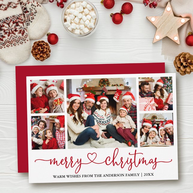 Cartes Pour Fêtes Annuelles Calligraphie Coeur 5 Photo Noël Rouge (Customize to add text to back of card or to change color of  back of card.)