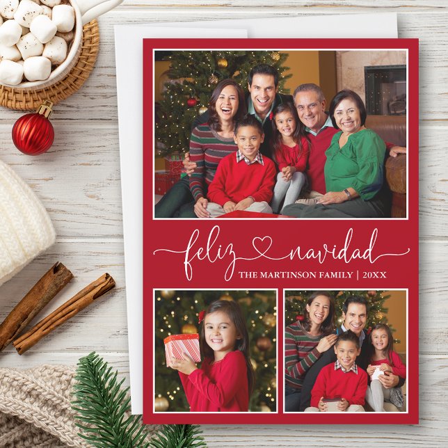 Cartes Pour Fêtes Annuelles Calligraphie Coeur Feliz Navidad Red 3 Photo (Customize to add text to back of card.)