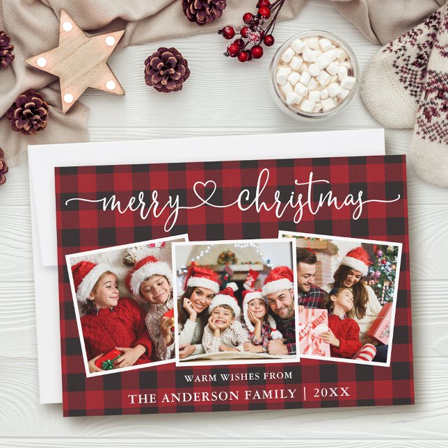 Cartes Pour Fêtes Annuelles Calligraphie Coeur Joyeux Noël Plaid 3 Photo (Customize to add text to back of card.)