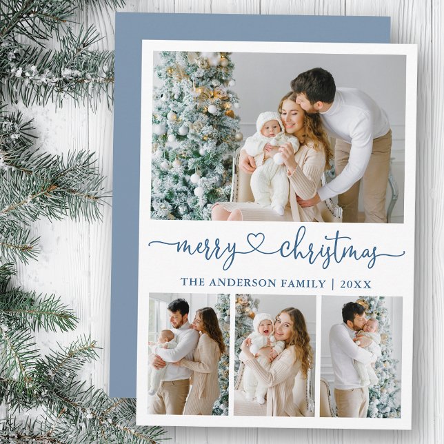 Cartes Pour Fêtes Annuelles Calligraphie Coeur Noël 4 Photo Dusty Blue (Customize to add text to back of card.)