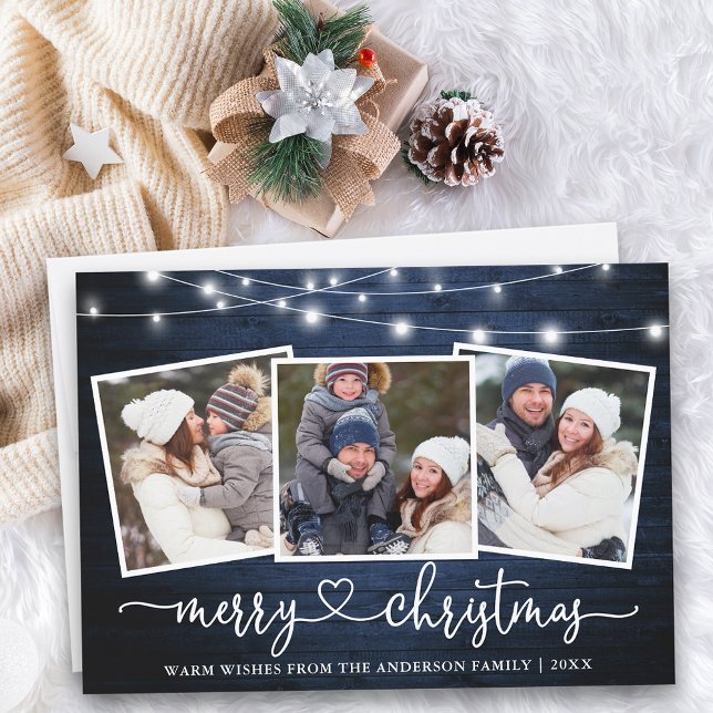 Cartes Pour Fêtes Annuelles Calligraphie Coeur Noël Bleu Bois Lumières (Customize to add text to back of card.)