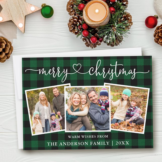 Cartes Pour Fêtes Annuelles Calligraphie Coeur Noël Vert Plaid 3 Photo (Customize to add text to back of card.)