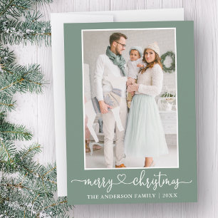 Cartes Pour Fêtes Annuelles Calligraphie Cœur Photo Joyeux Noël Vert Sauge
