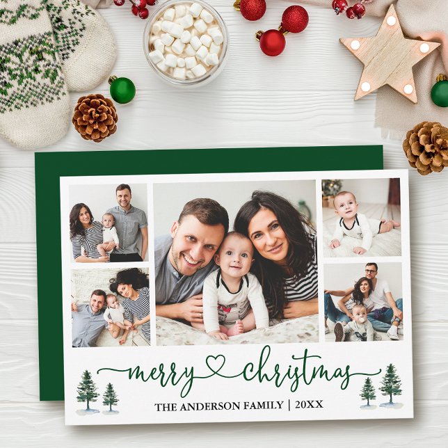 Cartes Pour Fêtes Annuelles Calligraphie Coeur Pins de Noël 5 Photo Vert (Customize to add text to back of card or to change color of  back of card.)