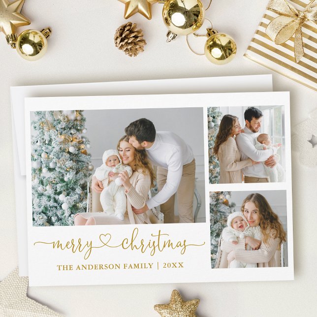 Cartes Pour Fêtes Annuelles Calligraphie Coeur Script Christmas Gold 3 Photo (Customize to add text to back of card.)