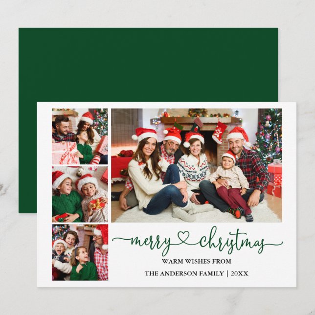 Cartes Pour Fêtes Annuelles Calligraphie Coeur Vert Noël 4 Photos (Devant / Derrière)