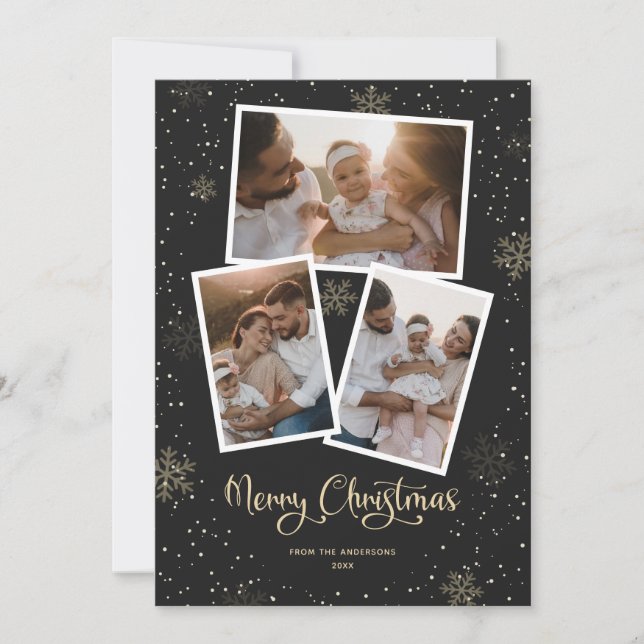 Cartes Pour Fêtes Annuelles Calligraphie de flocon de neige Photo noire Joyeux (Devant)