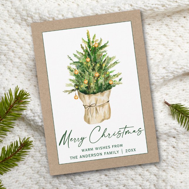 Cartes Pour Fêtes Annuelles Calligraphie éco-encre verte Aquarelle Pine Arbre  (Customize to add text to back of card.)