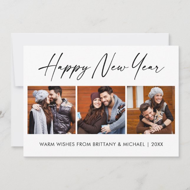 Cartes Pour Fêtes Annuelles Calligraphie Encre Script 3 Photo Couple Nouvel An (Devant)