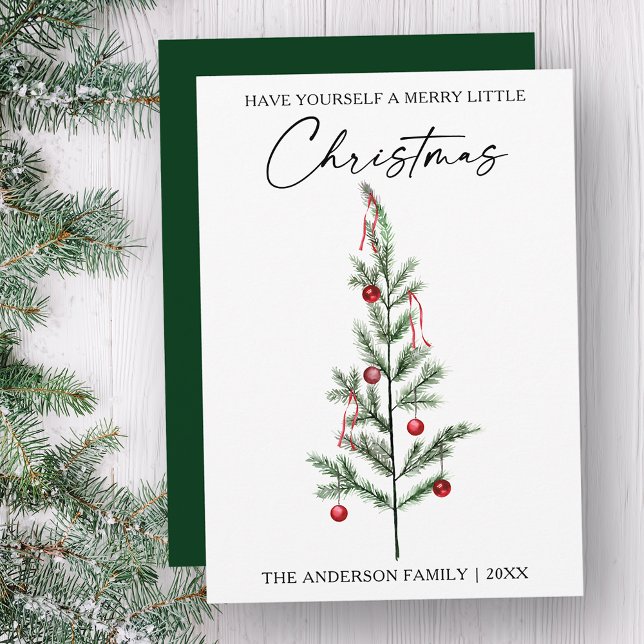 Cartes Pour Fêtes Annuelles Calligraphie Encre Script Aquarelle Arbre Vert (Customize to change your personalized text size, style or to change color of back of card)