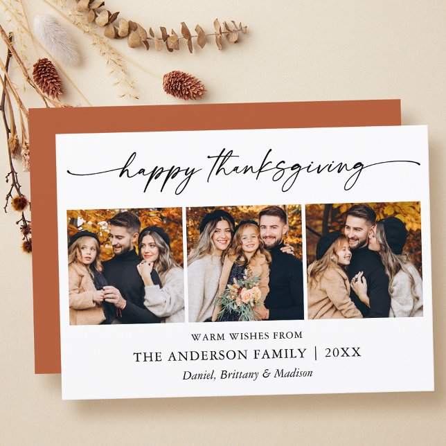 Cartes Pour Fêtes Annuelles Calligraphie Encre Thanksgiving Terracotta 3 Photo (Customize to change your personalized text size, text style or to add more text to back of card.)