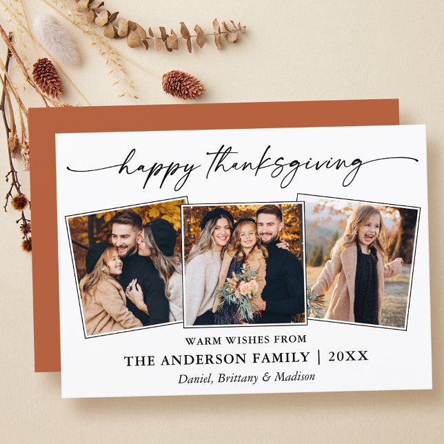 Cartes Pour Fêtes Annuelles Calligraphie Encre Thanksgiving Terracotta 3 Photo (Customize to change your personalized text size, text style or to add more text to back of card.)