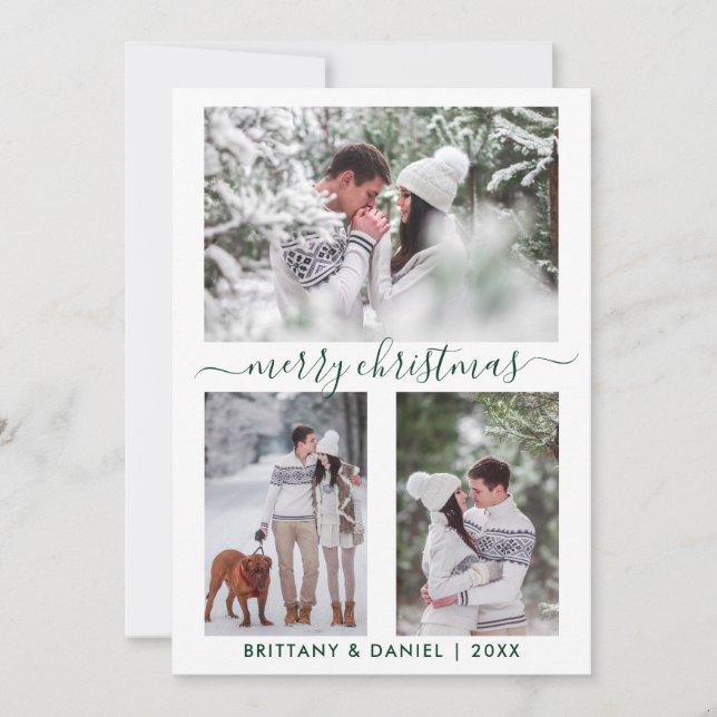 Cartes Pour Fêtes Annuelles Calligraphie Joyeux Noël Couple 3 Photo Vert (Devant)