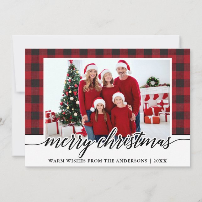 Cartes Pour Fêtes Annuelles Calligraphie Joyeux Noël Famille Photo Rouge Plaid (Devant)