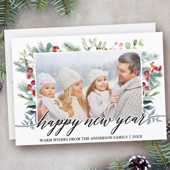 Cartes Pour Fêtes Annuelles Calligraphie Joyeux Nouvel An Végétal d'hiver Phot (Customize to add text to back of card.)