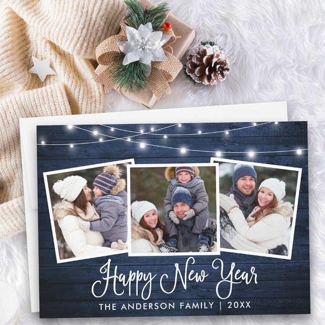 Cartes Pour Fêtes Annuelles Calligraphie Lumière Bois bleu 3 Photo Nouvel An (Customize to add text to back of card.)