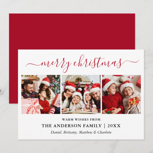 Cartes Pour Fêtes Annuelles Calligraphie moderne 3 Photo Rouge Joyeux Noël (Devant / Derrière)