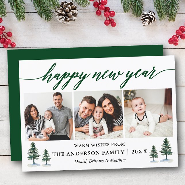 Cartes Pour Fêtes Annuelles Calligraphie moderne 3 Pins photo Bonne année (Customize to add text to back of card.)