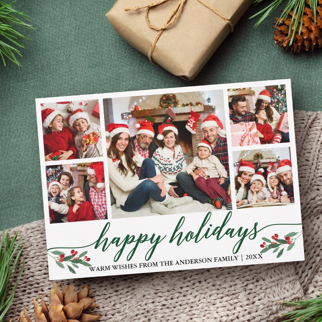 Cartes Pour Fêtes Annuelles Calligraphie moderne 5 Photo Collage Famille (Customize to add text to back of card.)