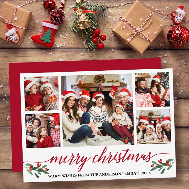 Cartes Pour Fêtes Annuelles Calligraphie moderne 5 Photo Famille Noël Rouge (Customize to add text or more photos to back or to change color of back of card.)
