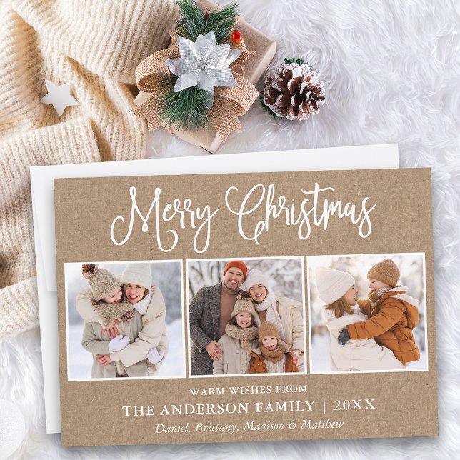 Cartes Pour Fêtes Annuelles Calligraphie moderne amusante Noël 3 Photo Kraft (Customize to add text to back of card.)