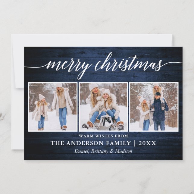Cartes Pour Fêtes Annuelles Calligraphie moderne Bois bleu Noël 3 Photo (Devant)