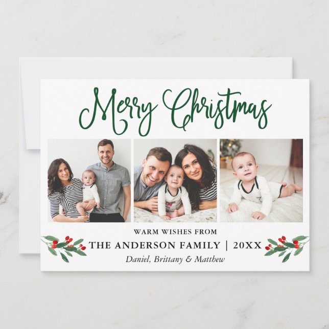 Cartes Pour Fêtes Annuelles Calligraphie moderne Fun Christmas Holly 3 Photo (Devant)