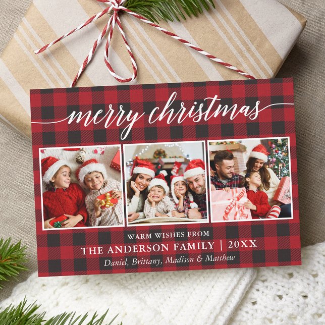 Cartes Pour Fêtes Annuelles Calligraphie moderne Joyeux Noël 3 Photo Plaid (Customize to add text or more photos to back of card.)