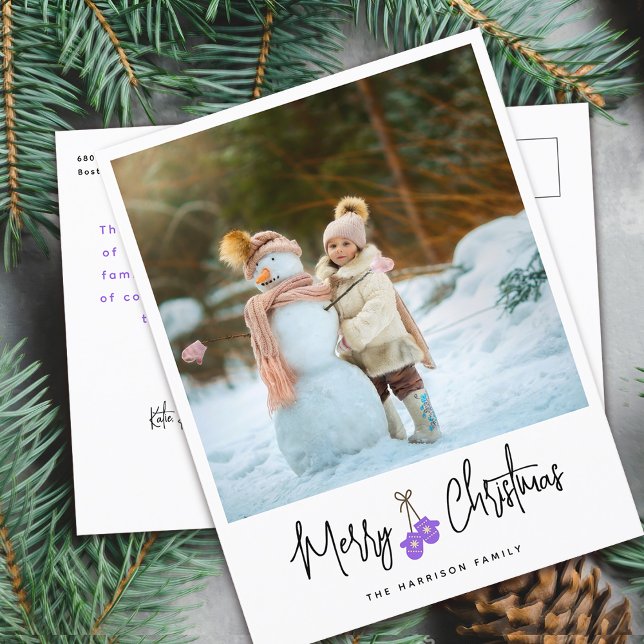 Cartes Pour Fêtes Annuelles Calligraphie moderne Purple Mittens Photo (Modern Calligraphy Purple Mittens Photo Holiday Postcard)