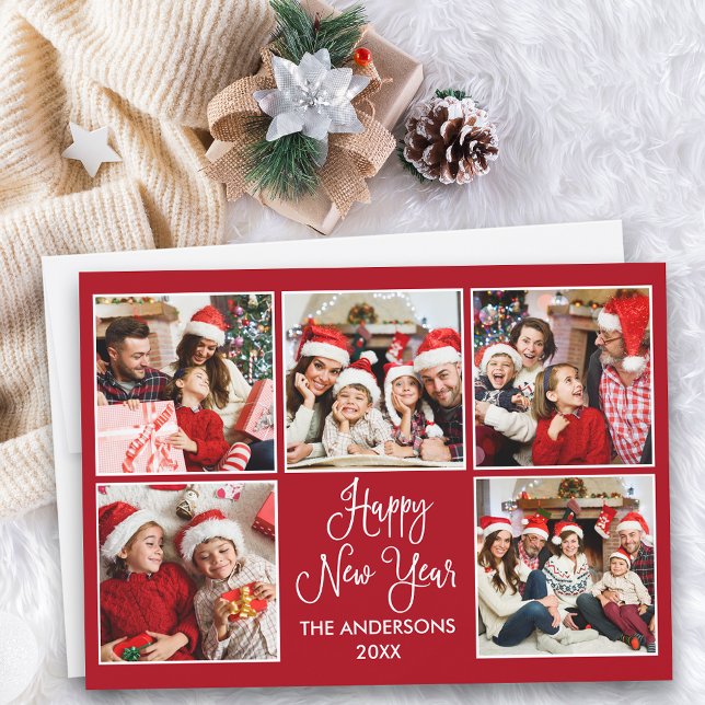Cartes Pour Fêtes Annuelles Calligraphie moderne rouge 5 photo Nouvel An (Customize to add text to back of card.)