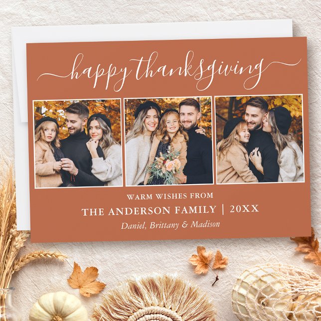 Cartes Pour Fêtes Annuelles Calligraphie moderne Terracotta 3 Photo Thanksgivi (Customize to add text to back of card or to change color of text or color of back of card.)