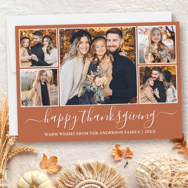 Cartes Pour Fêtes Annuelles Calligraphie moderne Terracotta 5 Photo Thanksgivi (Customize to add text to back of card or to change color of text or color of back of card.)