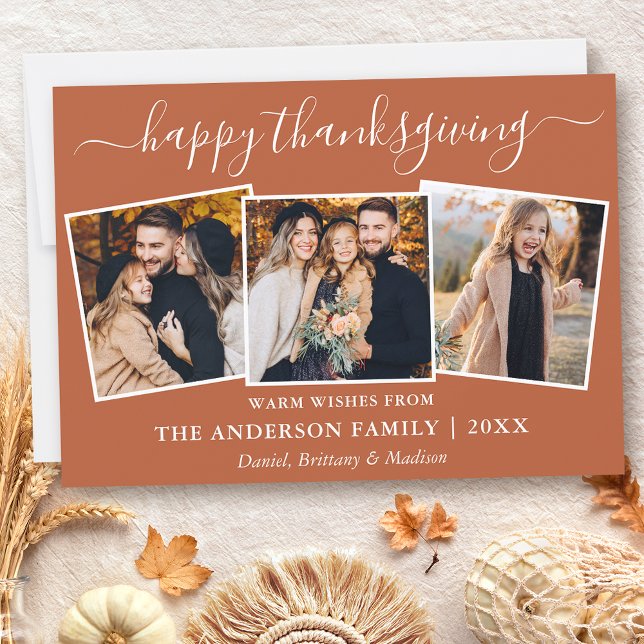 Cartes Pour Fêtes Annuelles Calligraphie moderne Terracotta Thanksgiving 3 Pho (Customize to add text to back of card or to change color of text or color of back of card.)