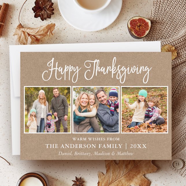 Cartes Pour Fêtes Annuelles Calligraphie moderne Thanksgiving 3 Photo Kraft (Customize to add more text or photos to back of card.)