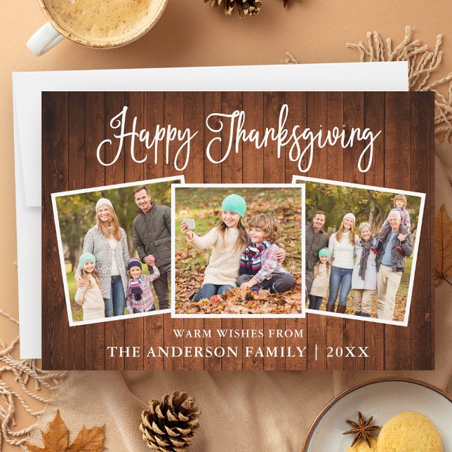 Cartes Pour Fêtes Annuelles Calligraphie moderne Thanksgiving Wood 3 Photo (Customize to add more text or photos to back of card.)