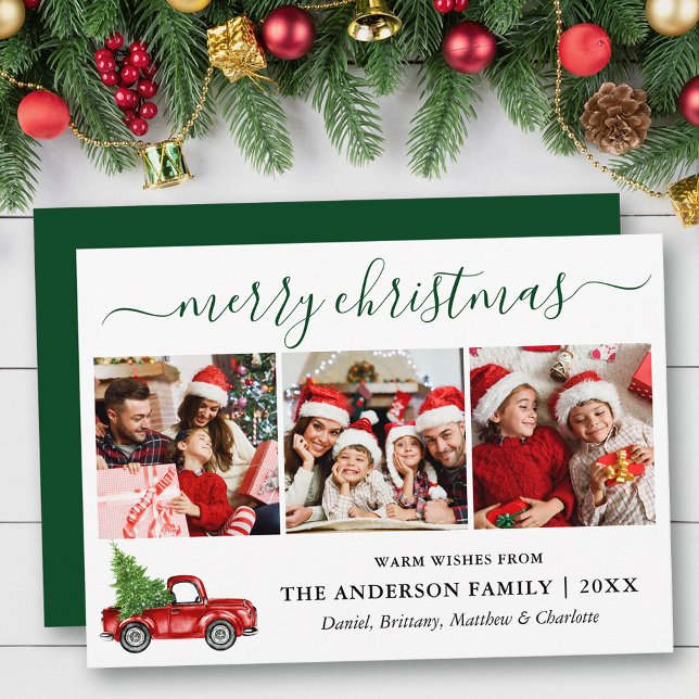Cartes Pour Fêtes Annuelles Calligraphie Noël Camion rouge 3 photo vert (Customize to add text to back of card or to change color of back of card.)