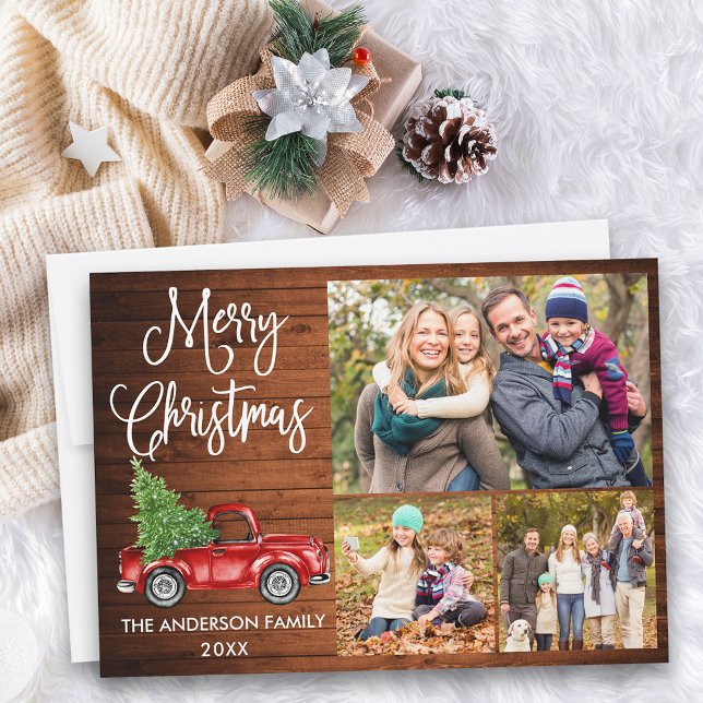 Cartes Pour Fêtes Annuelles Calligraphie Noël Camion rouge Bois 3 Photo (Customize to add text to back of card.)