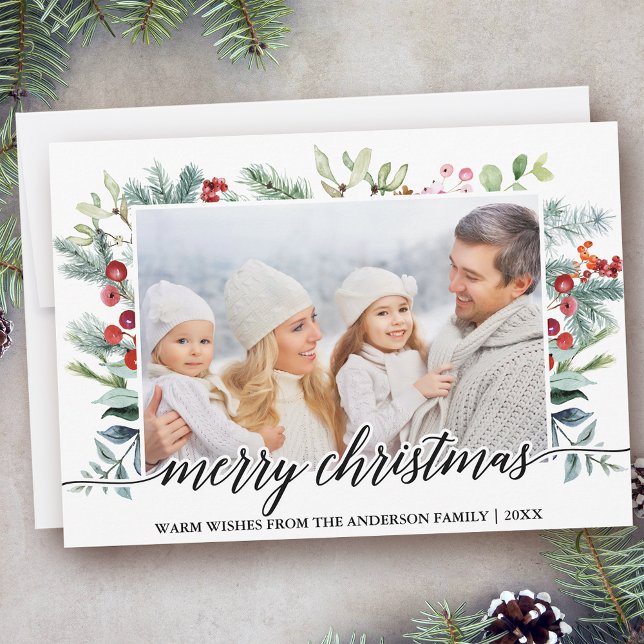 Cartes Pour Fêtes Annuelles Calligraphie Noël Verdure Photo de famille (Customize to change your personalized text size or text style.)