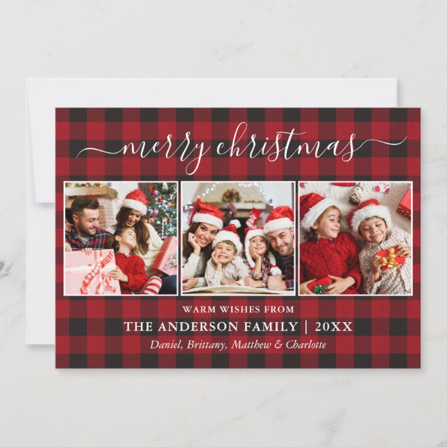 Cartes Pour Fêtes Annuelles Calligraphie Red Buffalo Plaid 3 Photo Noël (Devant)