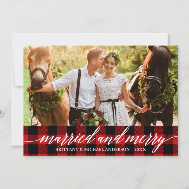 Cartes Pour Fêtes Annuelles Calligraphie Red Plaid marié et joyeux Mariage (Devant)