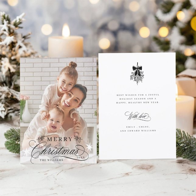 Cartes Pour Fêtes Annuelles Calligraphie romantique Joyeux Noël Photo Appartem (Front & Back)