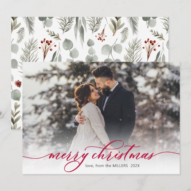 Cartes Pour Fêtes Annuelles Calligraphie Rouge Script Foliting Photo Noël (Devant / Derrière)