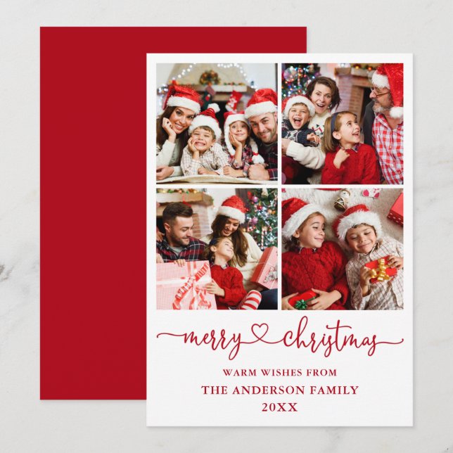 Cartes Pour Fêtes Annuelles Calligraphie Script Coeur Noël 4 Photo Rouge (Devant / Derrière)