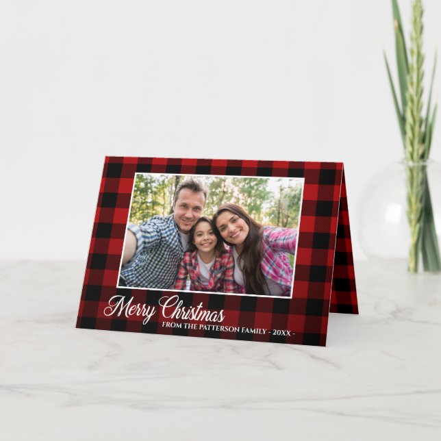 Cartes Pour Fêtes Annuelles Calligraphie Script Photo Rouge Plaqué Tartan plié (Devant)