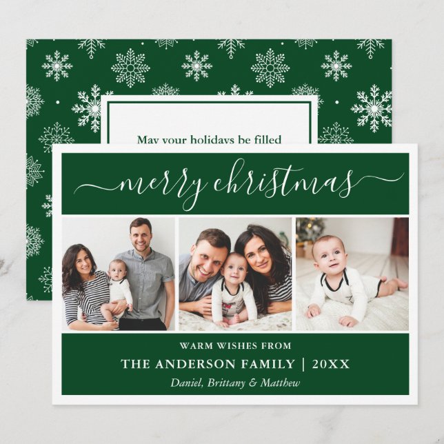 Cartes Pour Fêtes Annuelles Calligraphie Snowflakes Christmas Green 3 Photo (Devant / Derrière)