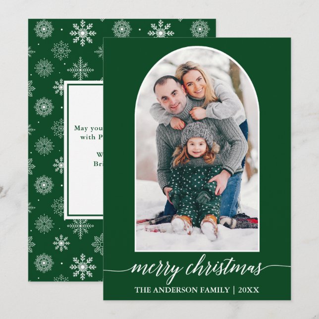 Cartes Pour Fêtes Annuelles Calligraphie Snowflakes Photo Arche de Noël Vert (Devant / Derrière)