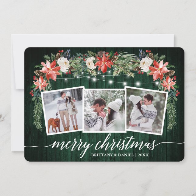 Cartes Pour Fêtes Annuelles Calligraphie Vert Bois 3 Photo Aquarelle Florale (Devant)